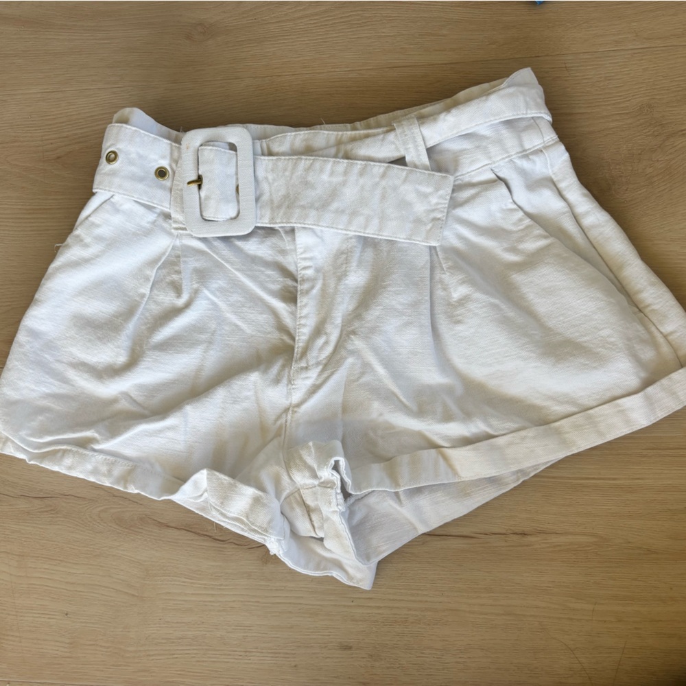 White Linen High-Waist Belted Shorts